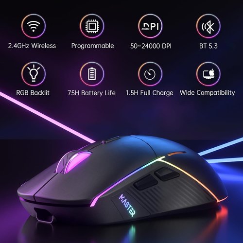 FFJ Wireless Gaming Mouse - 24000 DPI Tri-Mode | RGB Programmable, 75H Battery Life, Rechargeable, Black