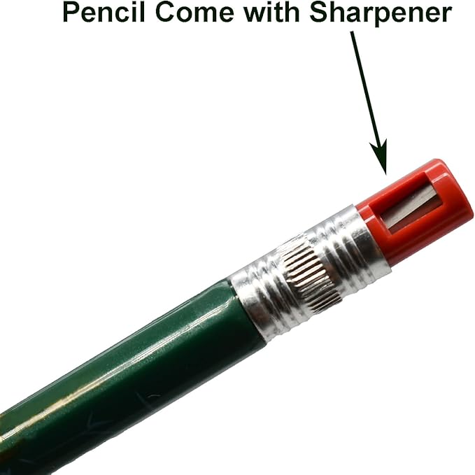 Maydahui 12 PCS Mechanical Pencil with Sharpener Novelty Non Sharpening Automatic Pencil with 12 PCS 2B Lead Refills 2.0 mm Classic Red Green Pole Plastic Simulation Timber for School Writing Drawing