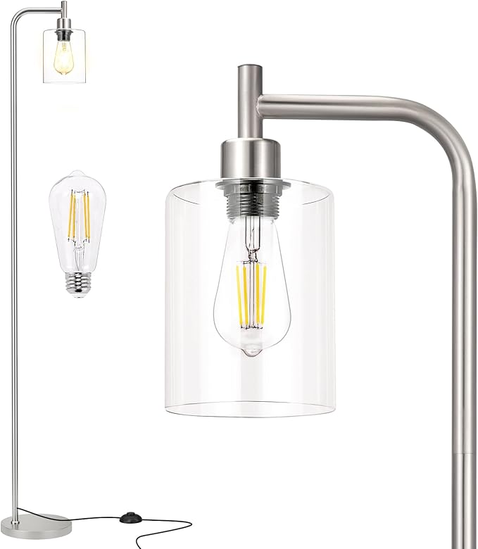 Ziisee Floor Lamps for Living Room - Industrial Standing Lamp with Glass Shade, Modern Floor Lamp with LED Bulbs, Tall Lamp for Bedroom Office - Brushed Nickel