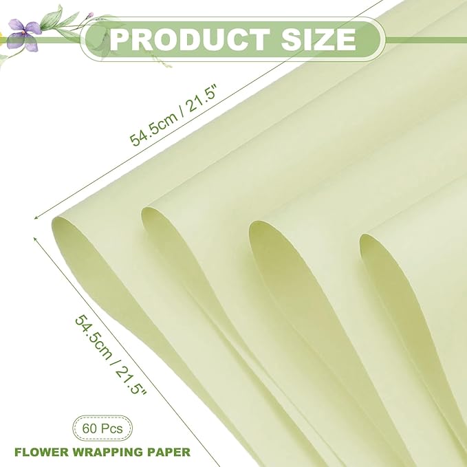 uxcell 60 Sheets Flower Wrapping Paper, 21.5" x 21.5" Waterproof Floral Bouquet Wrapping Papers Florist Supplies for Wedding Party Gift Packaging DIY Crafts, Green