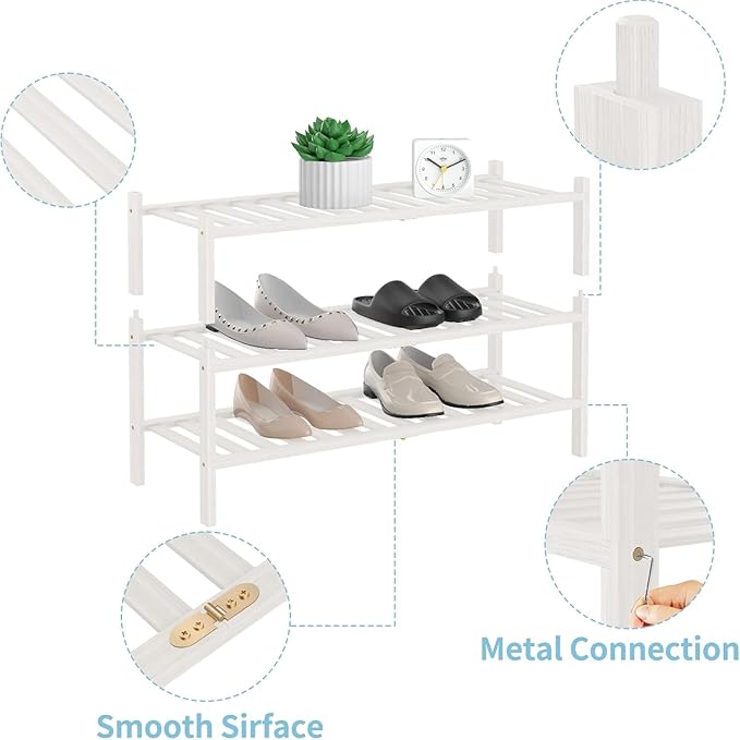 RONGJlA 2 Tier Bamboo Shoe Rack for Closet Free Standing Wood Shoe Shelf Storage Organizer for Entryway Small Space Stackable,White