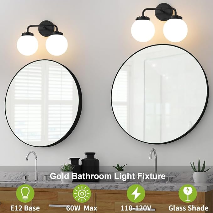 Black Bathroom Light Fixtures Over Mirror, Modern Vanity Lighting with Milk White Glass Globe Shades 2-Light Farmhouse Wall Sconce