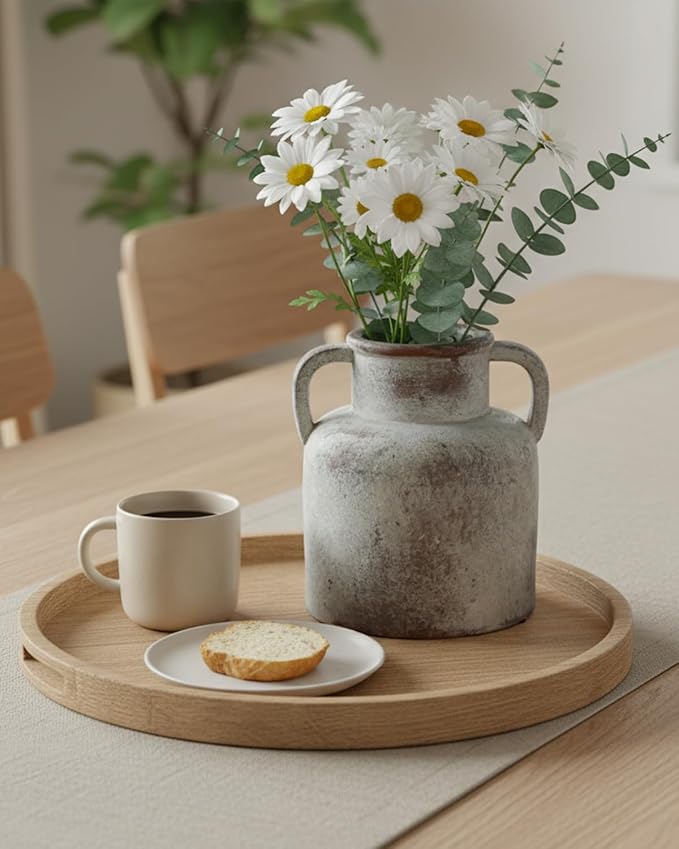 Ceramic Vase with Handles, 6.3 Inch Rustic Flower Vase, Farmhouse Table Decor, Distressed Terracotta Jug for Home Decor, Vintage Centerpieces for Tables, Shelf, Mantel, Living Room Decoration