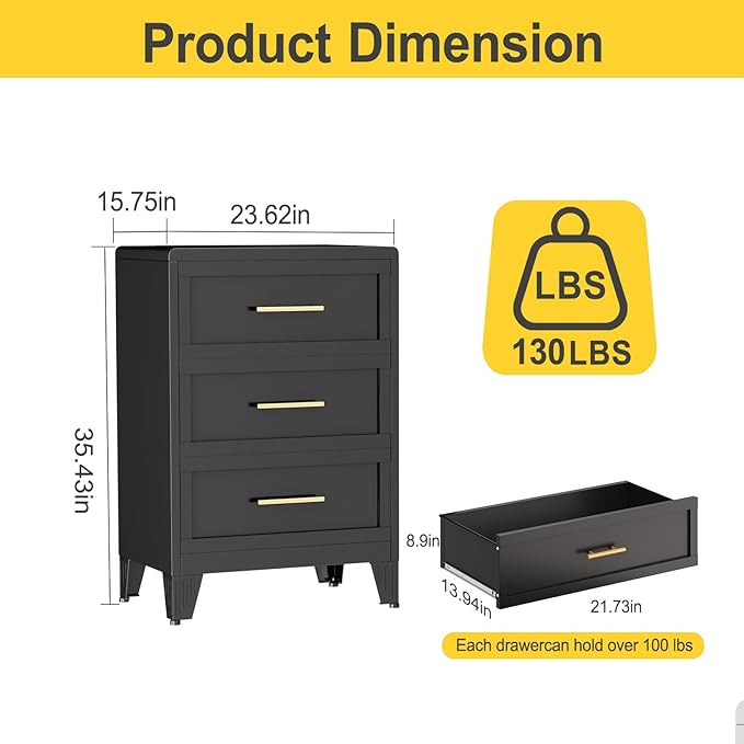 3 Drawers Tall Black Dresser for Bedroom, 35.43" Metal Dressers & Chests of Drawers Curved Corner Design, Storage Organizer Drawer Chest with Large Capacity for Living Room, Entryway, Hallway