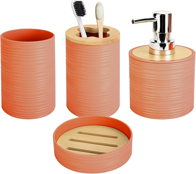 4 PCS Orange Bathroom Accessories Set, Includes a Soap Dispenser, Toothbrush Holder, Soap Dish and Mouthwash Cup, Plastics & Bamboo Bathroom Set, Bohemian Style Bathroom Sink Set
