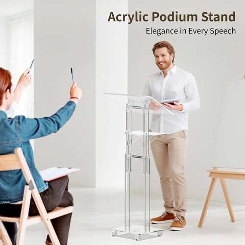 Skiennix Acrylic Podium Stand - Portable Rolling Design with Lockable Wheels & Adjustable Height | Clear with Storage Shelf