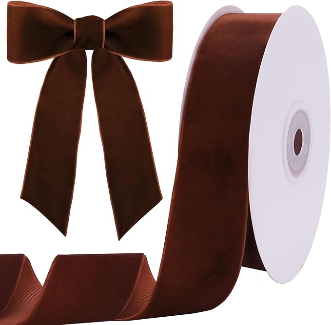 10 Yards Brown Velvet Ribbon 1 1/2 Inch for Christmas Tree,Dark Brown Velvet Christmas Ribbon for Gift Wrapping Crafts Bow Wreath Holiday Decorations (Dark Brown)
