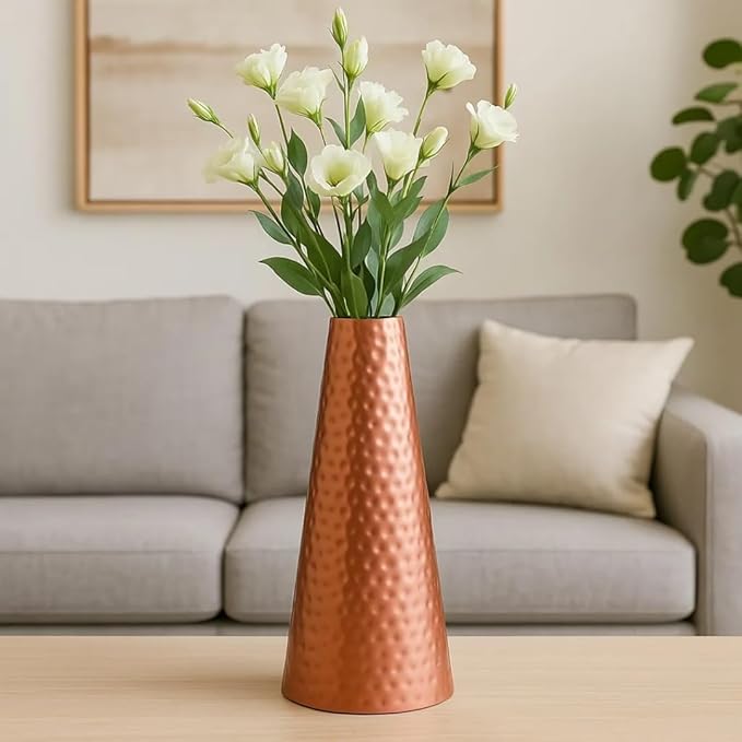 Copper Finish Iron Hammered Cone Flower Vase, 17″ H Rustic Modern Decorative Vase for Dried Flowers & Home Décor