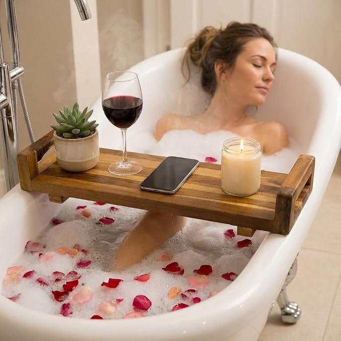EcoDecors, 29 inch, with LiftAid Handles, Bath Tray for Tub, Bath Tub Tray Wood, Bathtub Table, Caddy for Bathtub in Natural Teak