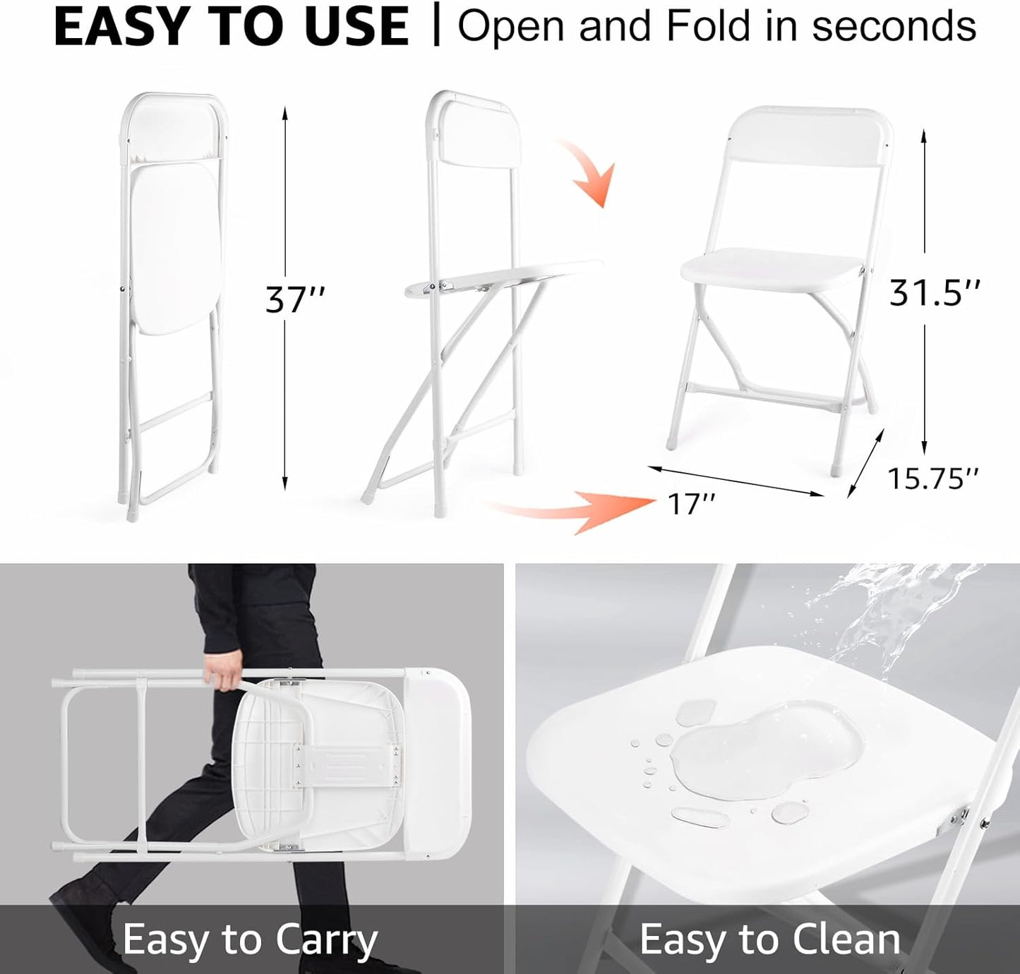 White Folding Chairs - 10 Pack Portable Stackable Design | Durable Indoor/Outdoor Use, 400lbs Capacity