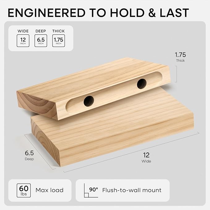Homeforia 12 inch Natural Floating Shelf, High End Solid Real Wood 12inch Small Floating Shelves for Wall Mounted, Natural Wooden Floating Shelves, Heavy Duty Bracket, 12 X 6.5 X 1.75 in, Set of 4