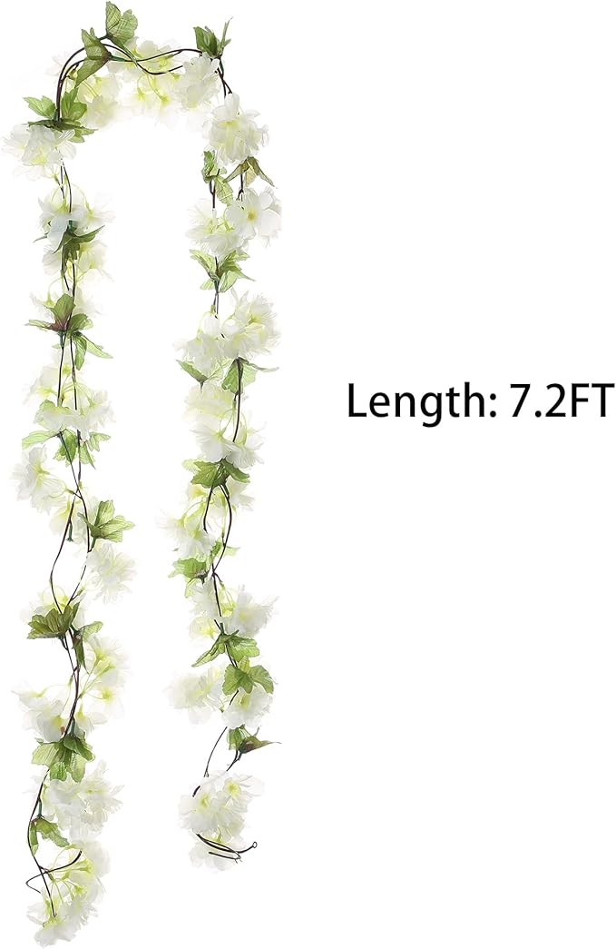 2Pcs Artificial Cherry Blossom Flower Garland Silk Fake Hanging Flower Vines for Home Wedding Decoration 7.2FT, White