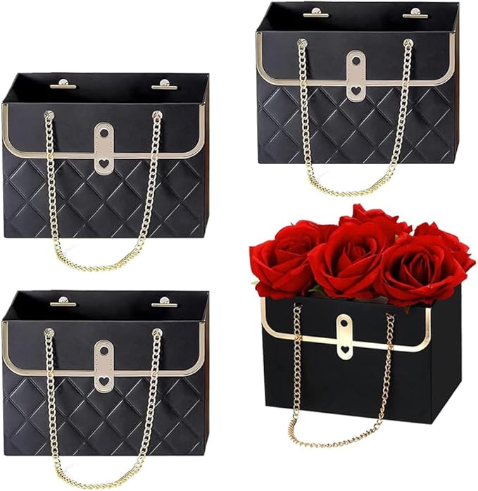 NADUSEP 4 PCS Flower Paper Gift Bag Bouquet Storage Bucket, Florist Flower Hand bag with Metal Chain Gift Case for Gifts Wrapping Supplies Bulk Mother's Day Valentine's Day Women's Day (Black)