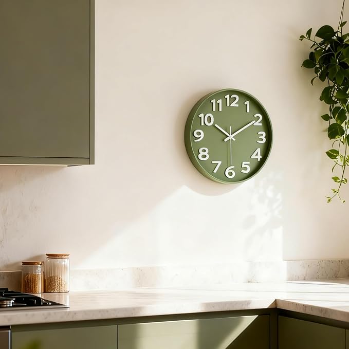 45MinST 8-Inch Green Modern Wall Clock – Silent Non-Ticking, 3D Large Numbers, Accurate Timekeeping | Decorative Wall & Desk Clock with Stand for Living Room, Bedroom, Kitchen, or Office