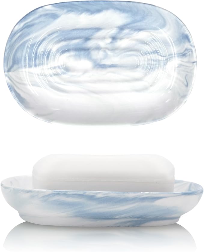 Elegant Ceramic Soap Dish for Shower with Unique Marble Texture, Decorative Bar Soap Holder for Bathroom & Kitchen, Easy Clean Versatile Cute Oval Soap Dishes for Soap Bars, Jewelry, Sponge