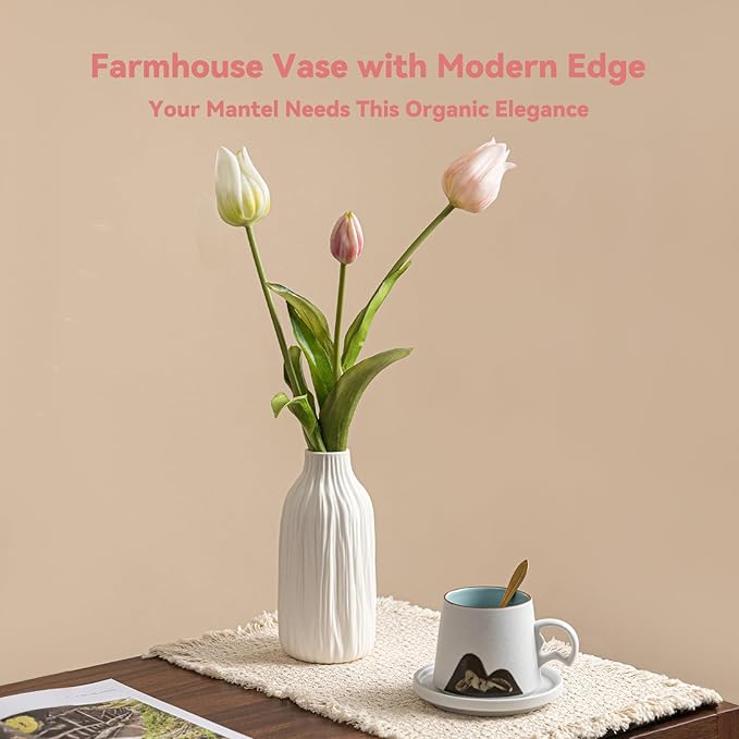 Woodgrain Sculptural Vase - White Matte Ceramic with Vertical Texture, 7.2" Unique Flower Vase for Pampas Grass/Centerpieces, Decorative Farmhouse Vase for Living Room/Office,Ideal Gift for Minimalist