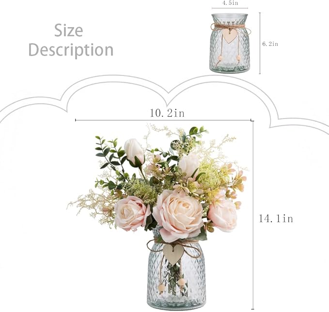 Silk Rose Flowers in Vase, Artificial Flowers Arrangement with Glass Vase Faux Rose for Decoration Table Centerpiece (Pink Rose)