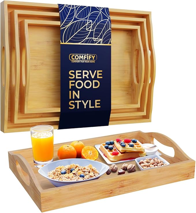 Comfify Bamboo Serving Trays – Set of 3 Ottoman Trays for Food, Entertaining, and Decor – Minimalist Design