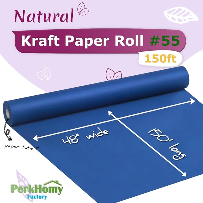 PerkHomy Blue Kraft Paper Roll 48" x 1,800" (150') for Gift Wrapping Bouquet Flower Art Painting Craft Writing Packaging Shipping 80GSM 55LB (Blue, 48" x 150')