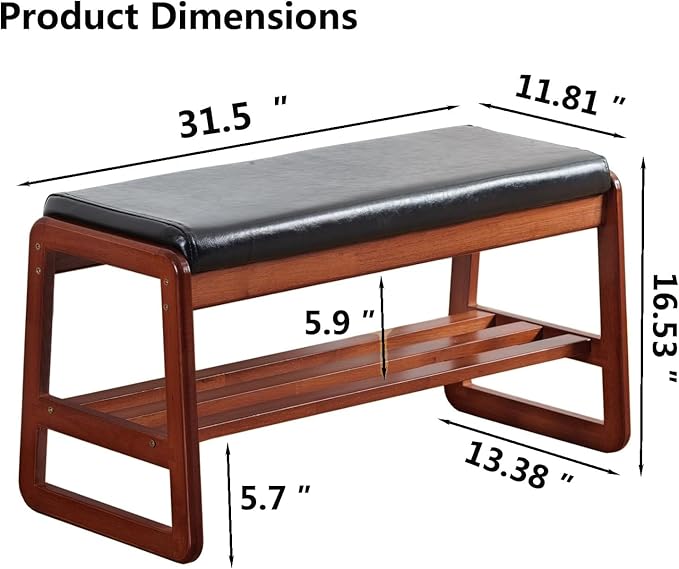 SOBIBO Solid Wood Shoe Bench, 2-Tier Wooden Entryway Bench, Modern Shoe Rack with Faux Leather Cushion for Hallway, Living Room (Black, 31.5'')