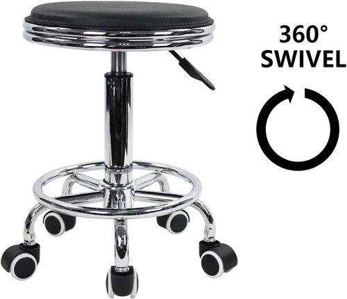 KKTONER Round Rolling Stool - PU Leather Swivel Stool with Foot Rest for Spa & Salon | Small Black