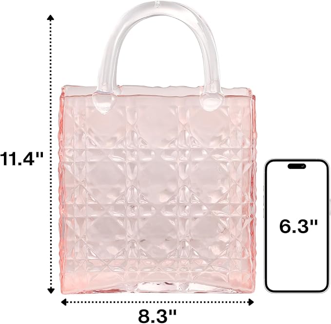 Purse Vase, Glass Bag Vase, Glass Purse Vase for Flowers, Pink Vases, 12 Inch Large Flower Vase with Embossed Pattern for Wedding, Living Room, Bedroom, Table, Office(Tote)