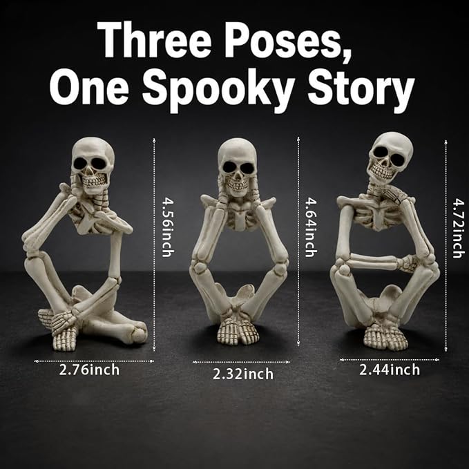 Skeleton Thinker Decor Set of 3, Resin Gothic Figurines for Home Decor, Aesthetic Skull Shelf Decor, Halloween Decorations for Home, Bookshelf & Office Accents