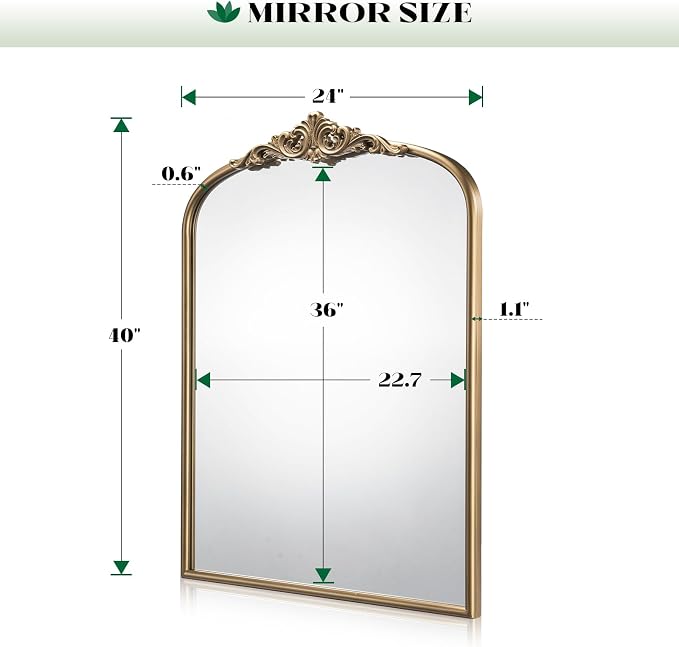 Arched Antique Gold Wall Mirror, 24"x40" Vintage Gold Bathroom Wall Mirror Over Sink, Ornate Arch Bronze Mirrors for Living Room, Fireplace, Entryway, Vanity, Hanging or Leaning