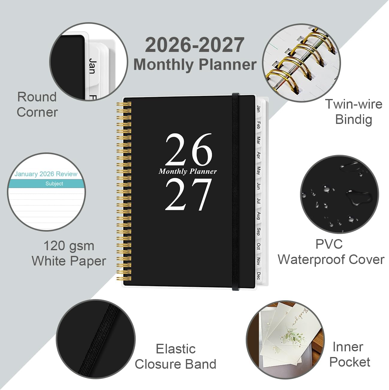2026-2027 Monthly Planner | 18-Month Calendar with Tabs, 9" x 11", Strong Twin-Wire Binding, Black