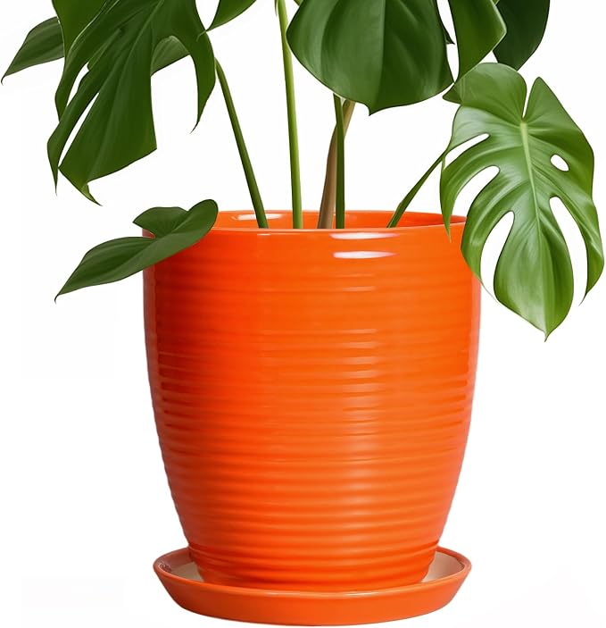 8 Inch Plant Pot, Ceramic Planters for Plants with Drainage and Saucer, Orange