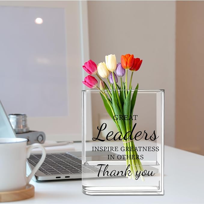 Leader Boss Bosses Day Gifts for Women Men Manager Funny Office Decor for Women Wooden Acrylic Book Flower Vase National Boss Day Decorations Gifts for Leader HR Men Manager Bookshelf Desk Decor