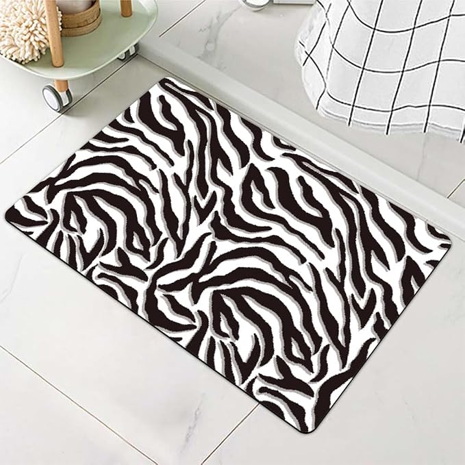Diatomaceous Earth Bath Mat,Black and White Zebra Print Non-Slip Volume Super Absorbent Fast Drying for Bathroom Kitchen Door mat,Eco-Friendly Easy to Clean 17×27.5Inch (43 * 70cm)