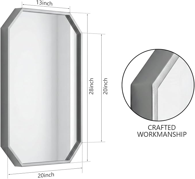 20"x28" Octagon Metal Mirror, Farmhouse Silver Bathroom Mirror, Rectangle Wall Mounted Vanity Mirror Hanging for Bedroom Entryway Living Room Farmhouse Horizontal/Vertical