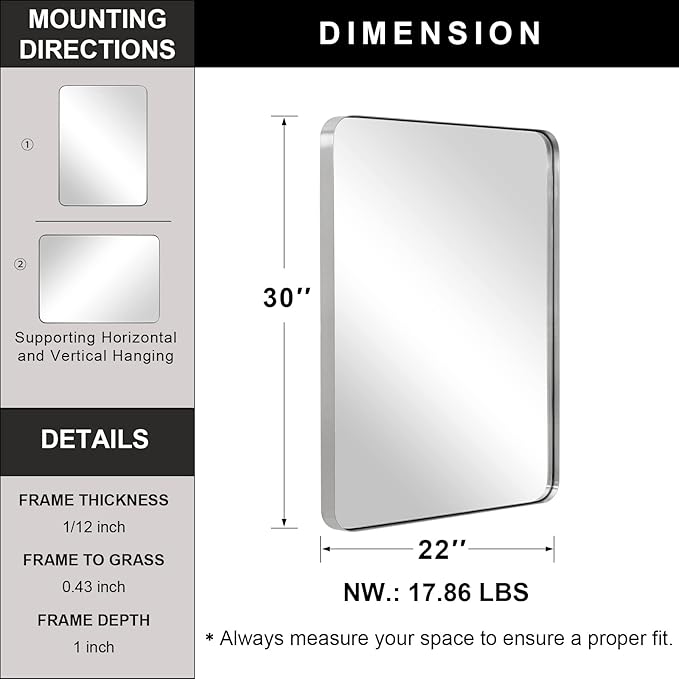 ANDY STAR Brushed Nickel Mirror for Bathroom, 22"x30" Silver Metal Frame Wall Mirror, Rectangular Stainless Steel Rounded Corner