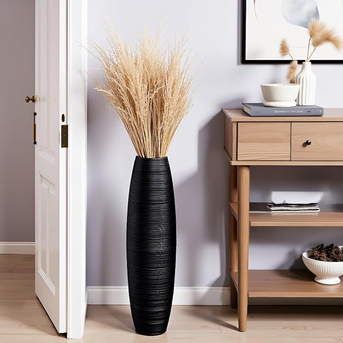Tall Floor Vase, 27.5 inches (70cm, 2.3FT) Floor Vase Sturdy, Luxury, Textured for Decorative Branches Dried Flowers, Tall Vases for Rustic Living Room, Home Decor, Resin Black Vases