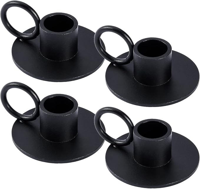4PCS Black Taper Candle Holders with Round Handle, Matte Iron Candlestick Holders Centerpieces for Home Decoration, Wedding Anniversary, Party, Housewarming Gifts.