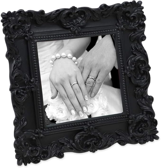 Laura Ashley 4x4 Black Ornate Textured Hand-Crafted Resin Picture Frame with Easel & Hook for Tabletop & Wall Display, Decorative Floral Design Home Décor, Photo Gallery, Art, More (4x4, Black)