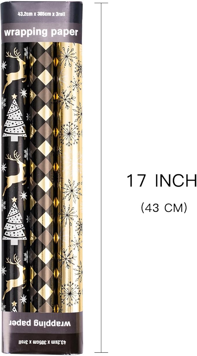 LeZakaa Black Gold Christmas Wrapping Paper Mini Roll, Reindeer Snowflake Tree Grid Metallic Foil Holiday Gift Wrap, DIY Craft, for Xmas Winter Party, 17 x 120 inches, 3 Rolls