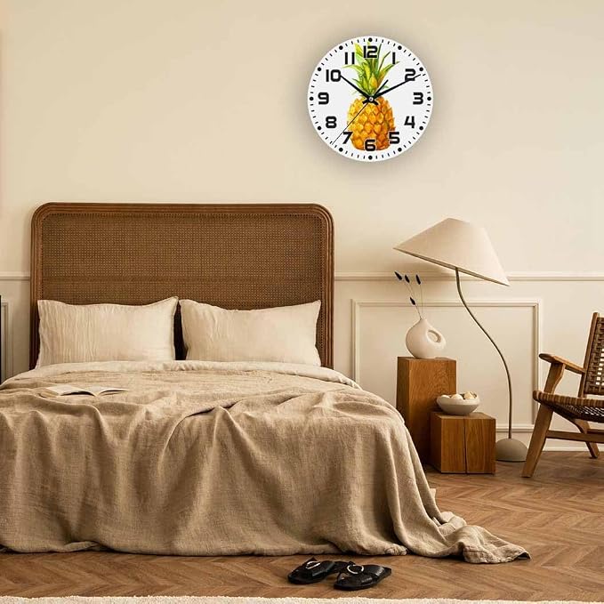 Pineapple Wall Clock Watercolor Ananas Comosus Battery Powered Wall Clock Silent Non Ticking 10 Inch for Living Room, Kitchen, Home,Bathroom, Bedroom