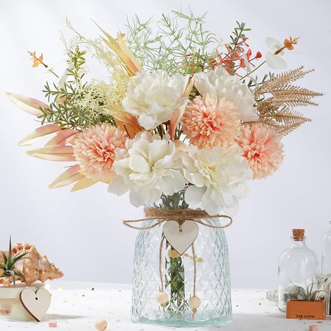 Silk Flowers with Vase, Artificial Flowers Arrangement with Glass Vase Faux Peony Hydrangea for Decoration Table Centerpiece (Peony White Pink)