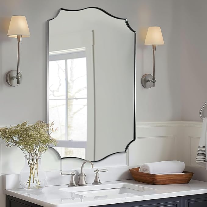 ANDY STAR Brushed Nickel Bathroom Mirror, 24x36’’ Silver Wavy Wall Mirror, Modern Bathroom Vanity Mirror HD Reflection, Anti-Rust Metal Frame Mirror for Bathroom Hangs Vertical or Horizontal