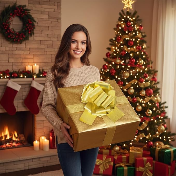 Golden Pull Gift Bows– 10 Inch 2 Pack Instant Brushed Gold Glitter Bows for Present Wrap, Christmas, Wedding, Anniversary, Birthdays, Baby Shower Decorations