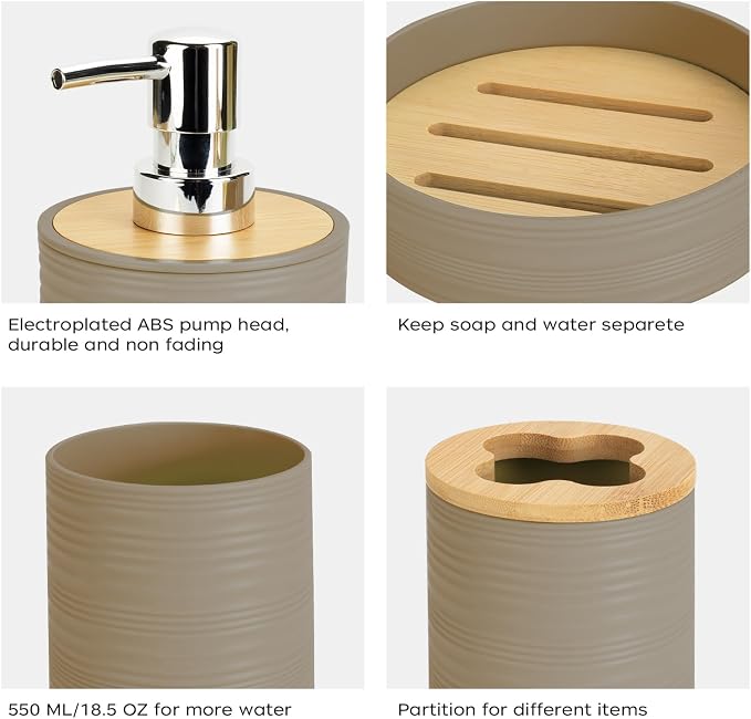 4 PCS Beige Bathroom Accessories Set, Includes a Soap Dispenser, Toothbrush Holder, Soap Dish and Mouthwash Cup, Plastics & Bamboo Bathroom Set, Bohemian Style Bathroom Sink Set