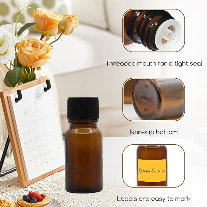 6Pcs Amber Glass Essential Oil Bottles with Orifice Reducer and Black Cap Empty Cosmetic Perfume Aromatherapy Storage Container Vial Pots Portable Refillable size 20ml/0.67oz