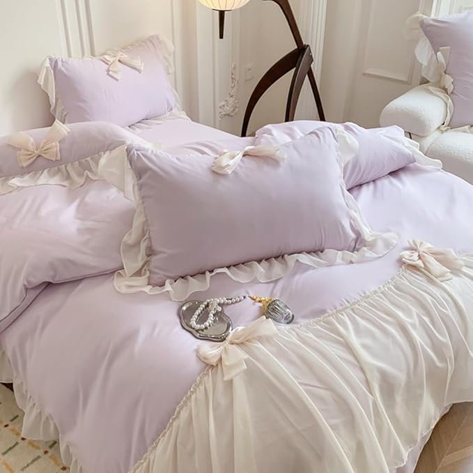 Ruffled Bedding Bow Duvet Cover Set with Butterfly Tie, Soft Brushed Microfiber Shabby Chic Bedding Set with Zipper Closure-Pureple,Full Size