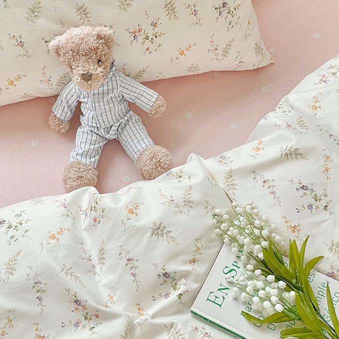 Nayoroom Pink Floral Duvet Cover Queen Size Green Botanical Leaf Printed on White Reversible Coquette Bedding Set 3 Pcs Soft Microfiber Spring Cottagecore Comforter Cover with Zipper Closure