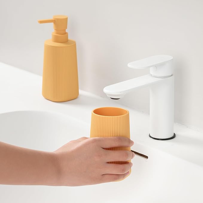 YAUKPH Bathroom Accessories Set 2 Piece Soap Dispenser and Toothbrush Holder for Bathroom Countertop Striped Yellow