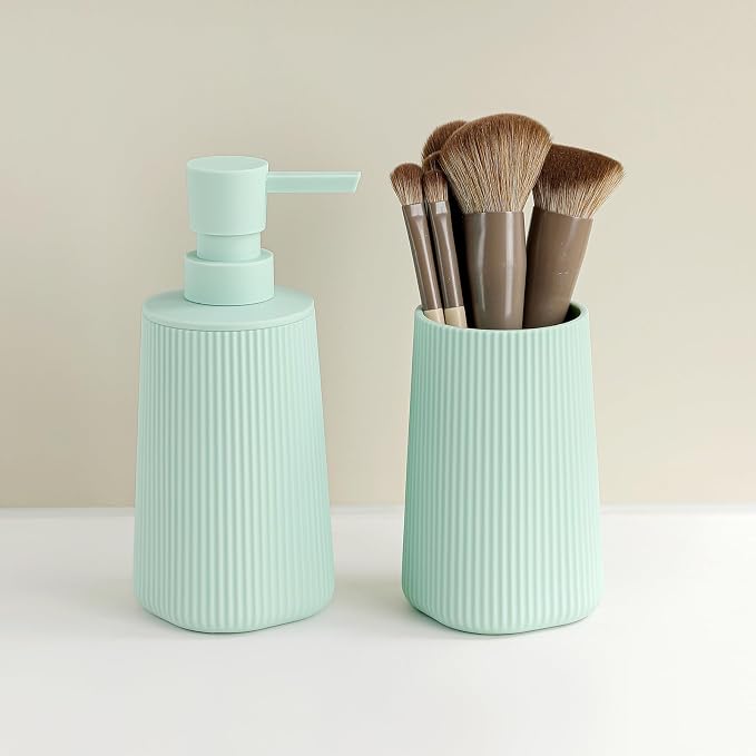 YAUKPH Bathroom Accessories Set 2 Piece Soap Dispenser and Toothbrush Holder for Bathroom Countertop Striped Green