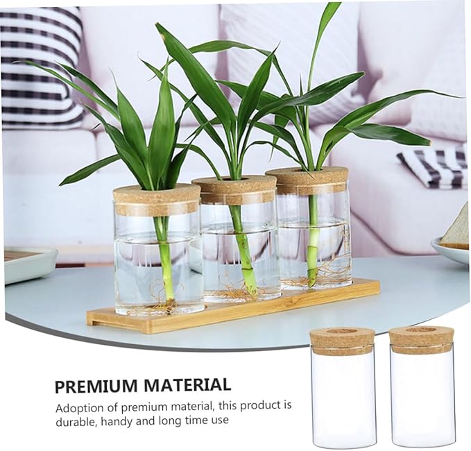 VILLCASE 2pcs Wood Art Glass Vase with Cork Stopper for Hydroponic Plants Decorative Flower Pot for Indoor Greenery Minimalist Plant Vase for Home and Office Decor