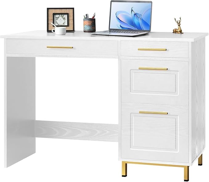 4 EVER WINNER White Desk with Drawers and Golden Handle, 43 Inch Small Desk with 4 Storage Drawers, Computer Desk with Storage Shelves for Home Office, White and Gold